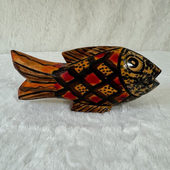 Hand-Carved Wooden Fish Sculpture Quirky Painted Tropical Decor Piece Folk Art - Picture 1 of 9